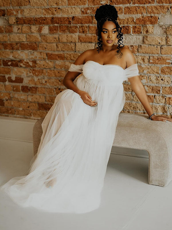 Momnfancy Off Shoulder Tulle Sheer Photoshoot Maternity Maxi Dress