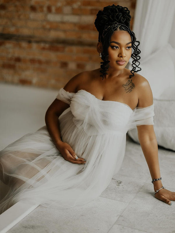 Momnfancy Off Shoulder Tulle Sheer Photoshoot Maternity Maxi Dress