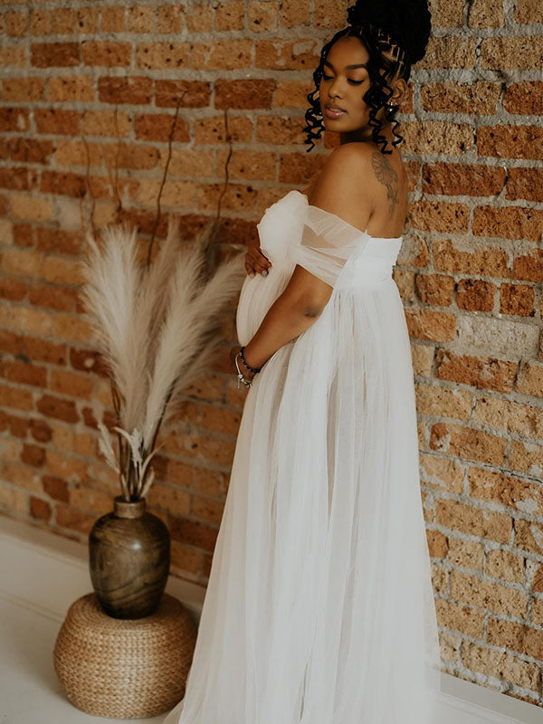Momnfancy Off Shoulder Tulle Sheer Photoshoot Maternity Maxi Dress