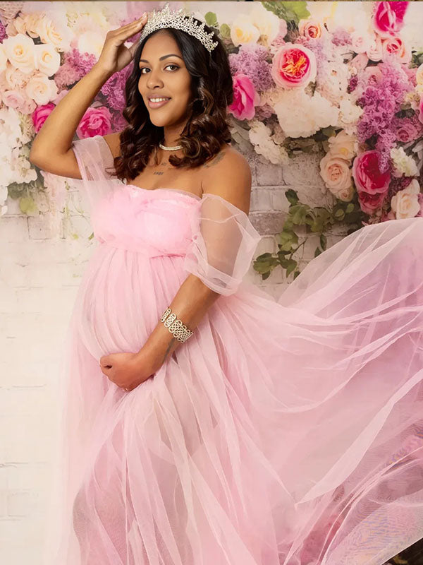 Momnfancy Pink Cap Sleeve Tulle Sheer Photoshoot Maternity Maxi Dress