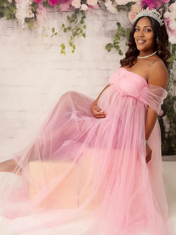 Momnfancy Pink Cap Sleeve Tulle Sheer Photoshoot Maternity Maxi Dress