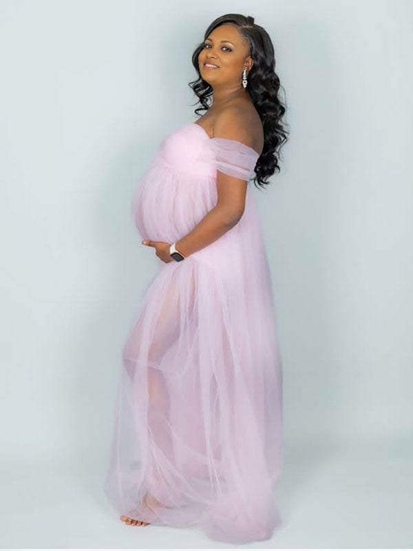 Momnfancy Pink Cap Sleeve Tulle Sheer Photoshoot Maternity Maxi Dress