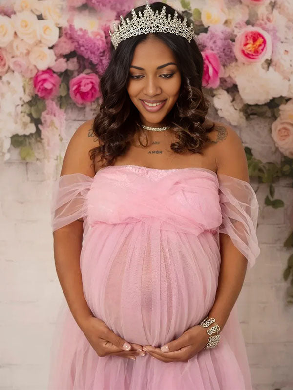 Momnfancy Pink Cap Sleeve Tulle Sheer Photoshoot Maternity Maxi Dress