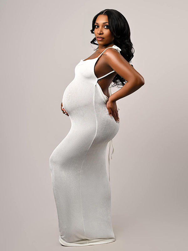 Momnfancy Solid Color Backless Bodycon Photoshoot Maternity Maxi Dress