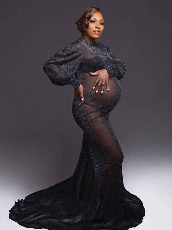 Momnfancy Mesh Bright Wire Bodycon Mermaid Photoshoot Maternity Maxi Dress