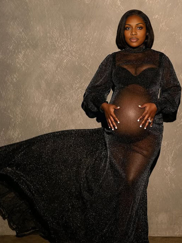 Momnfancy Mesh Bright Wire Bodycon Mermaid Photoshoot Maternity Maxi Dress