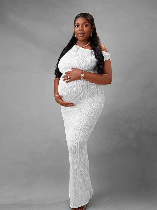Momnfancy Water Ripples Oblique Shoulder Maternity Maxi Dresses