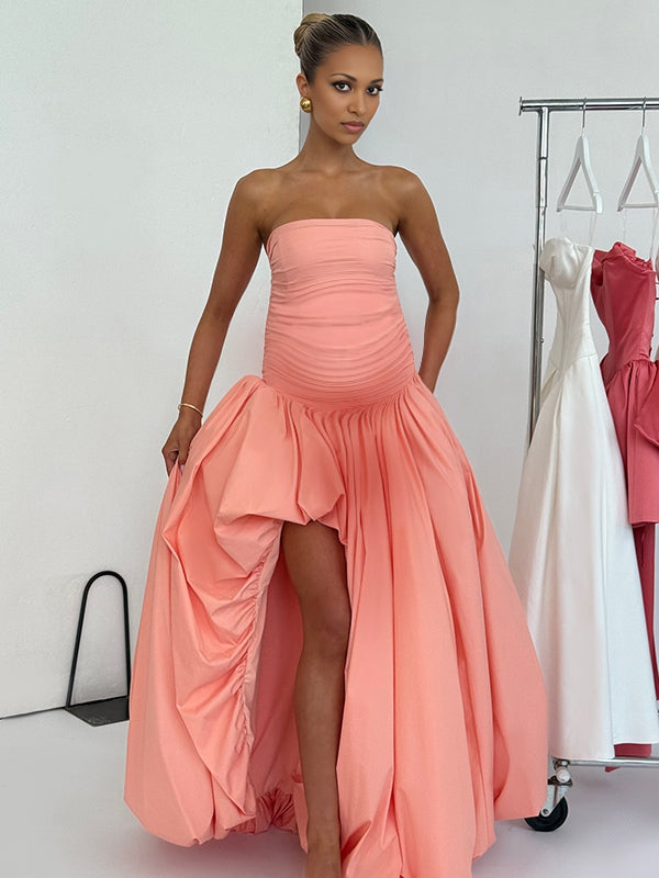 Momnfancy Tube Top Side Slit Maternity Maxi Dresses