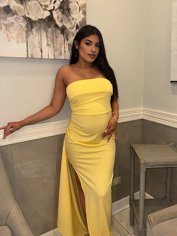 Momnfancy Tube Top Side Slit Ruched Maternity Maxi Dresses