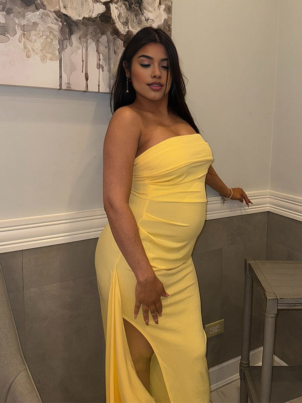 Momnfancy Tube Top Side Slit Ruched Maternity Maxi Dresses