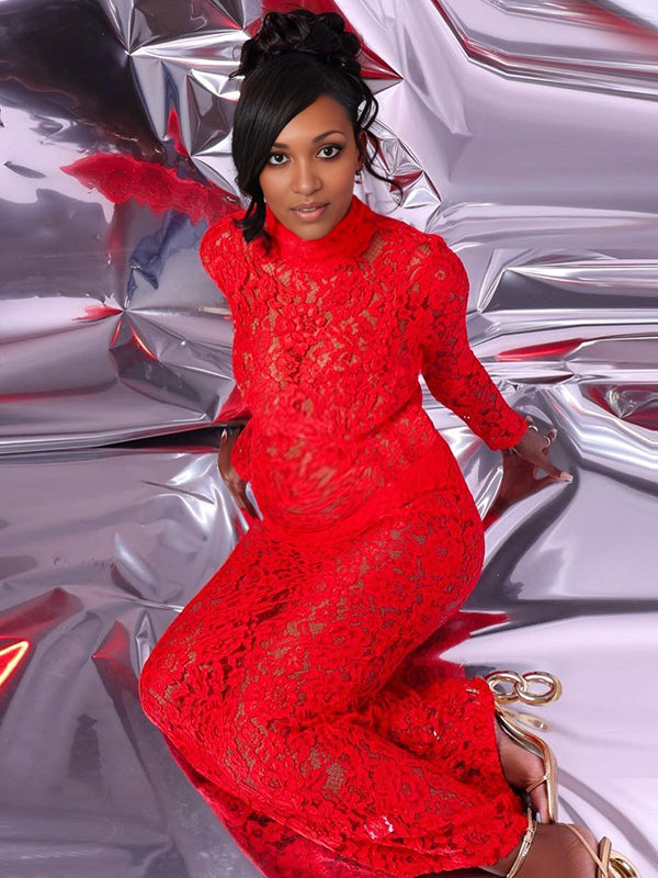 Momnfancy Lace Sheer Cut-out Maternity Maxi Dresses