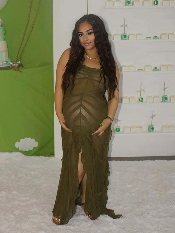 Momnfancy Off Shoulder Ruffle Photoshoot Maternity Maxi Dress