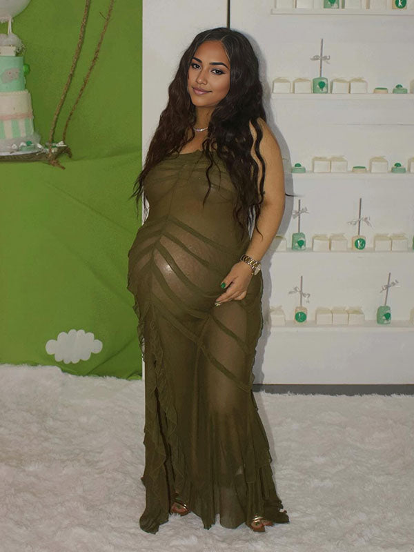 Momnfancy Off Shoulder Ruffle Photoshoot Maternity Maxi Dress