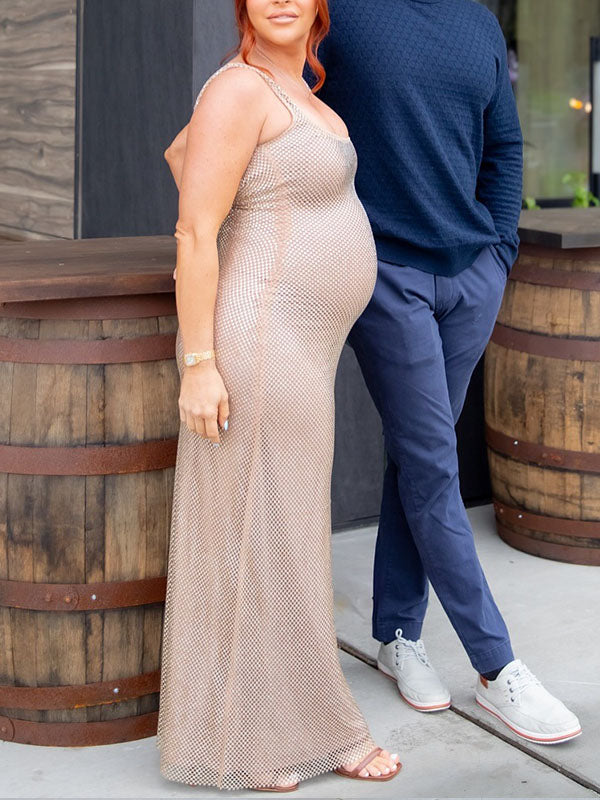 Momnfancy Daimond Mesh Bodycon Party Maternity Maxi Dress