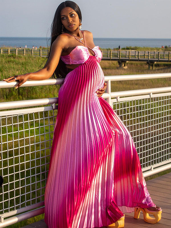 Momnfancy Halter Neck Gradient Color Pleated Maternity Maxi Dress