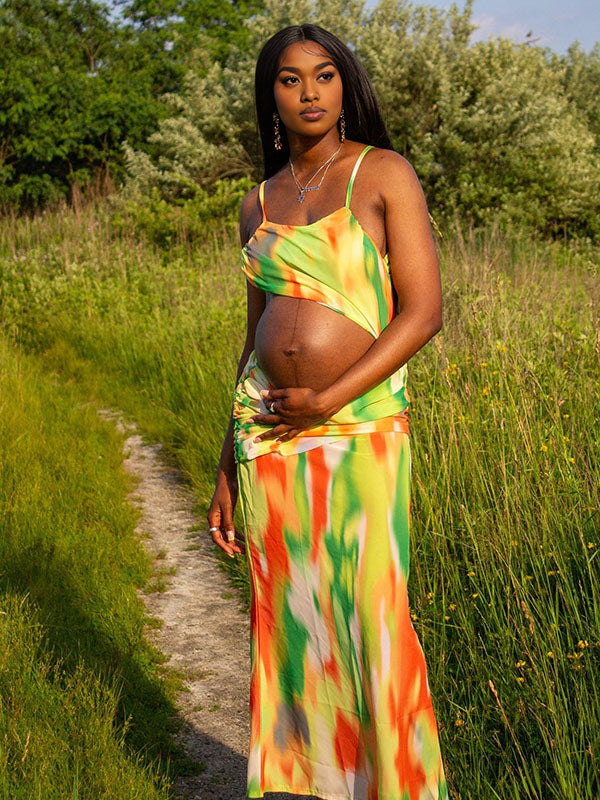 Momnfancy Tie Dye Spaghetti Strap Photoshoot Maternity Maxi Dress