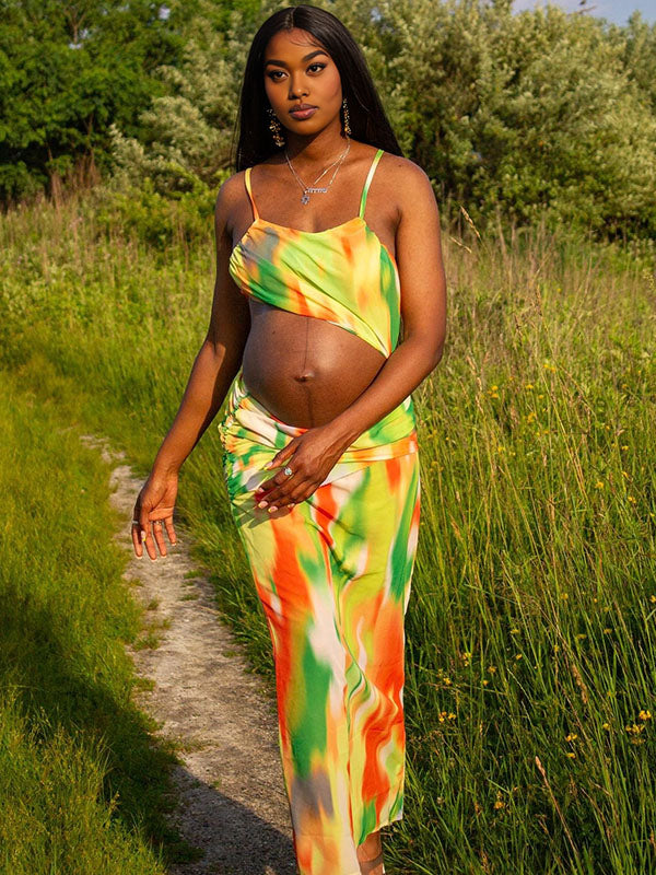 Momnfancy Tie Dye Spaghetti Strap Photoshoot Maternity Maxi Dress