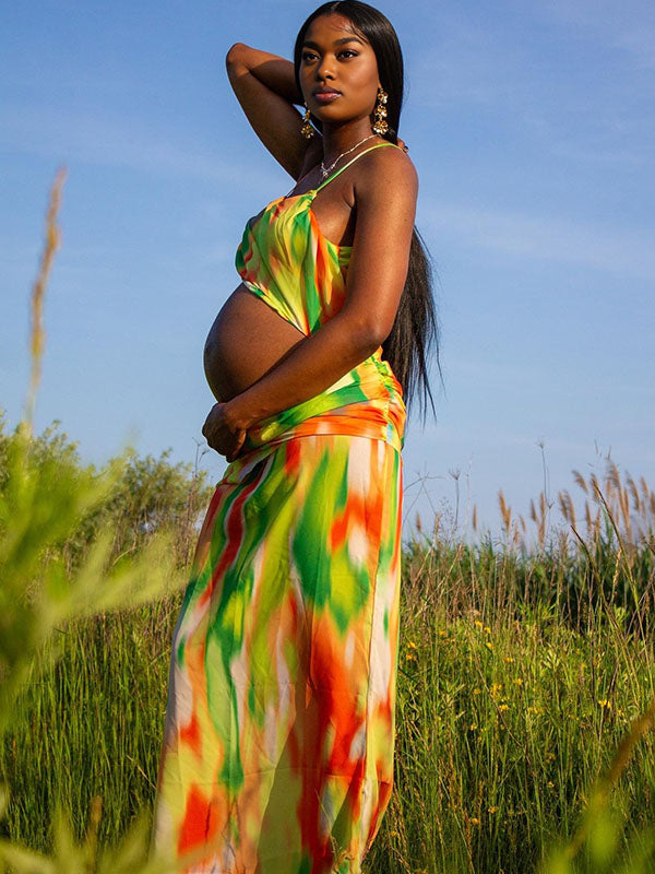 Momnfancy Tie Dye Spaghetti Strap Photoshoot Maternity Maxi Dress