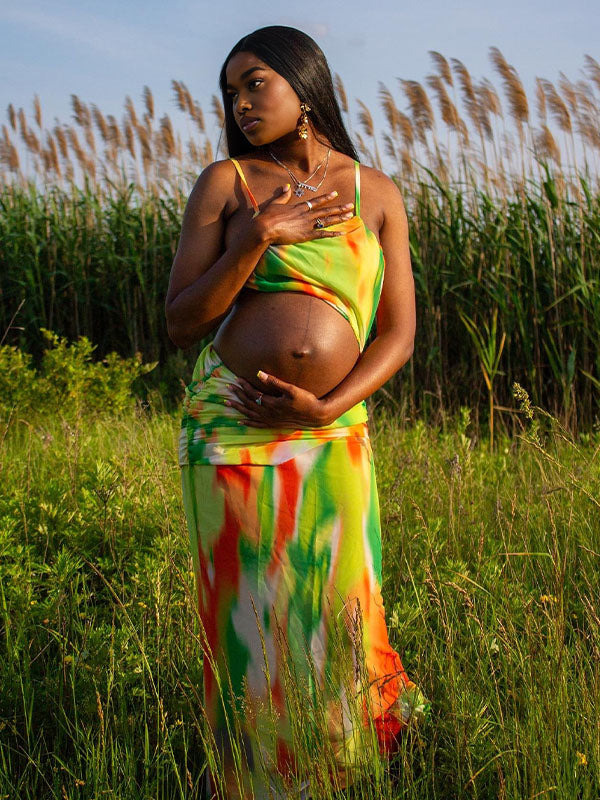 Momnfancy Tie Dye Spaghetti Strap Photoshoot Maternity Maxi Dress
