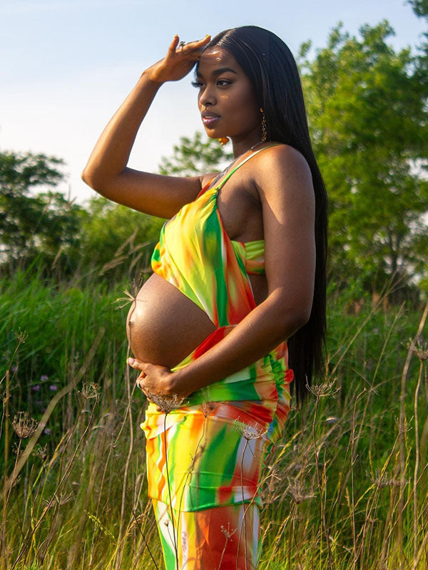 Momnfancy Tie Dye Spaghetti Strap Photoshoot Maternity Maxi Dress