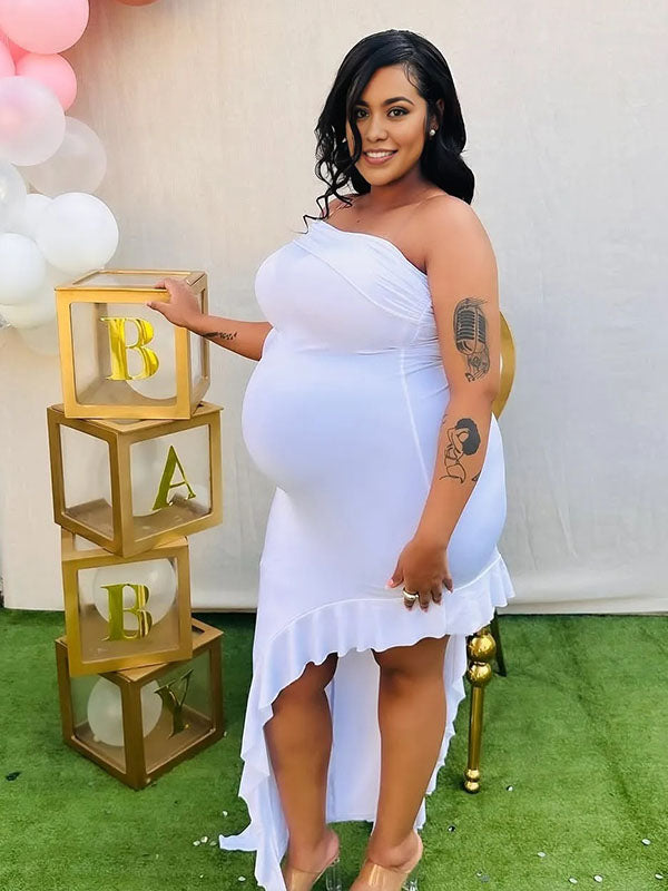 Momnfancy One Shoulder Ruffle Bodycon Maternity Maxi Dress