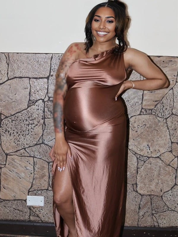 Momnfancy Oblique Shoulder Side Slit Maternity Maxi Dresses