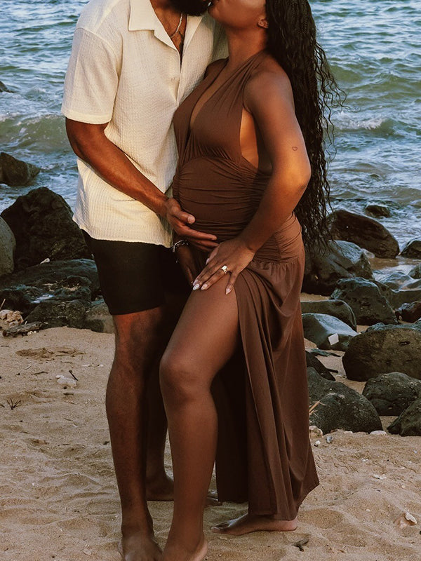 Momnfancy Halter Neck Ruched Side Slit Maternity Maxi Dresses