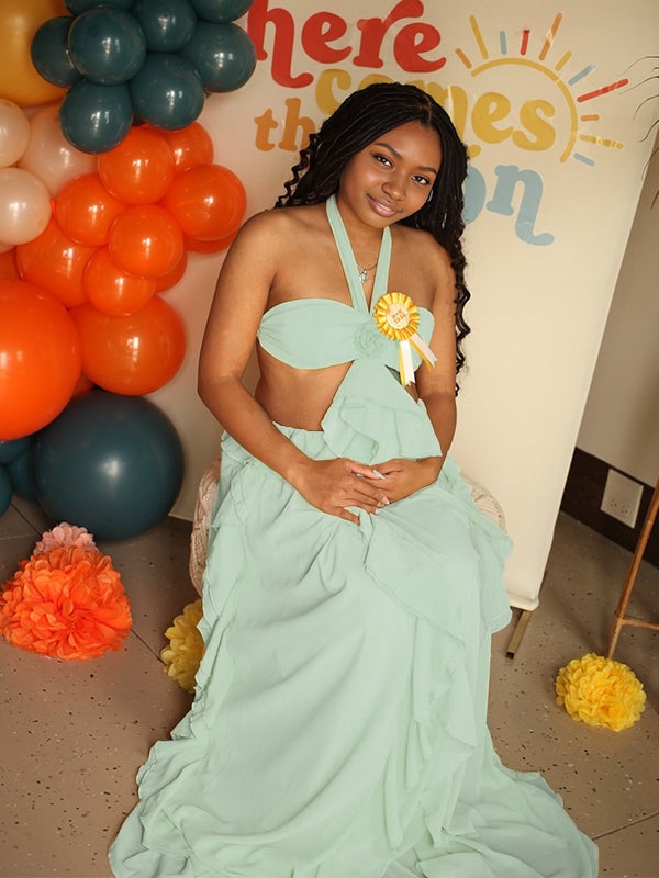 Momnfancy Falbala Halter Neck 3D-flowers Maternity Maxi Dresses