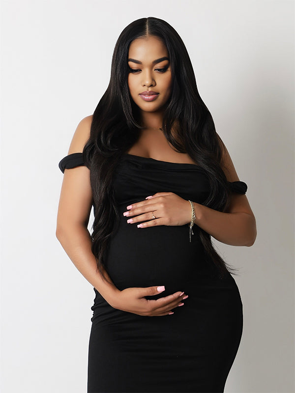 Momnfancy Oblique Shoulder Bodycon Maternity Maxi Dresses