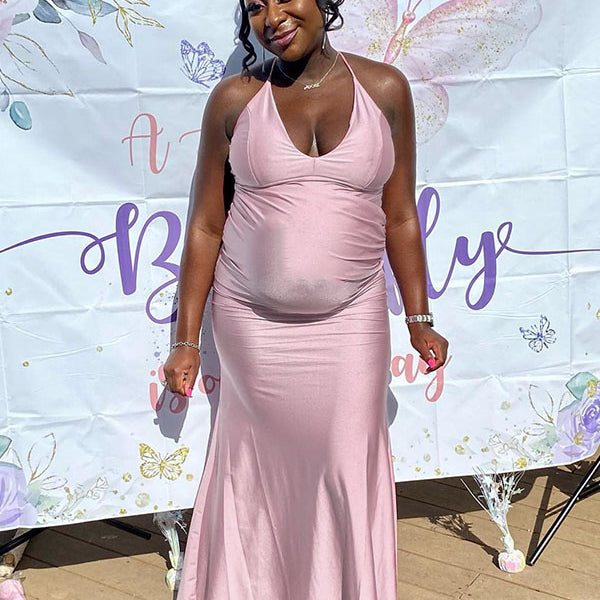 Momnfancy Pink Spaghetti Strap Mermaid Tie Back Bodycon Baby Shower Maternity Maxi Dress