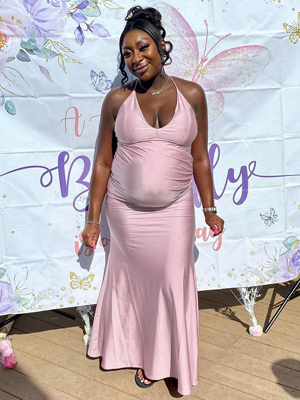 Momnfancy Pink Spaghetti Strap Mermaid Tie Back Bodycon Baby Shower Maternity Maxi Dress