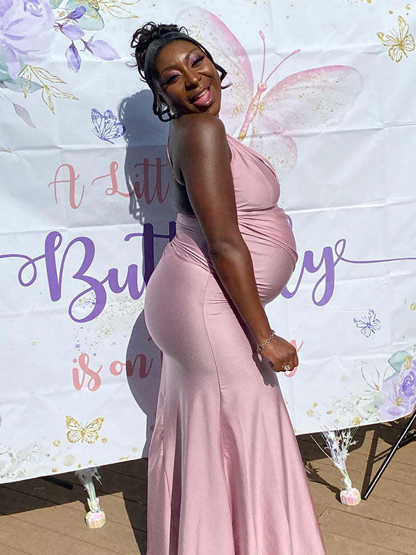 Momnfancy Pink Spaghetti Strap Mermaid Tie Back Bodycon Baby Shower Maternity Maxi Dress