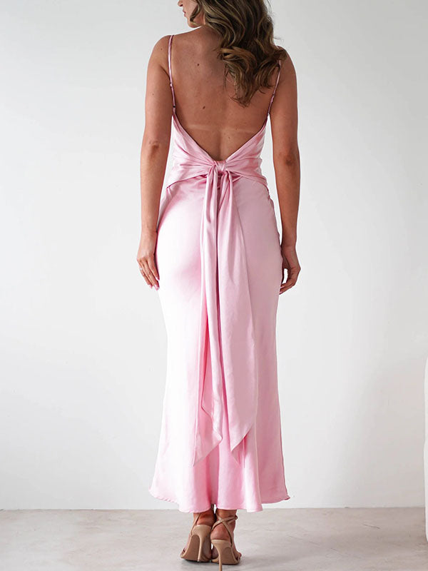Momnfancy Pink Spaghetti Strap Mermaid Tie Back Bodycon Baby Shower Maternity Maxi Dress