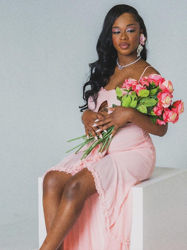 Momnfancy Pink Ruffle Crop Cut Out Irregular Mesh Bodycon Photoshoot Maternity Maxi Dress