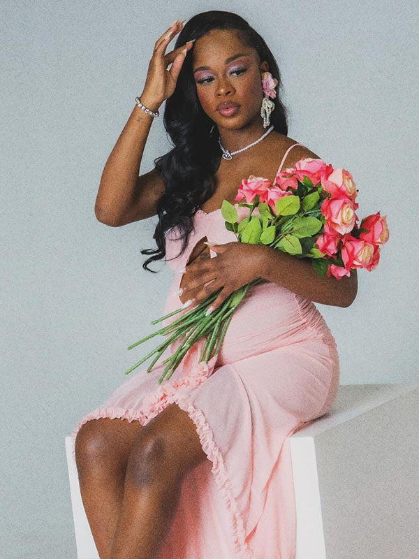 Momnfancy Pink Ruffle Crop Cut Out Irregular Mesh Bodycon Photoshoot Maternity Maxi Dress