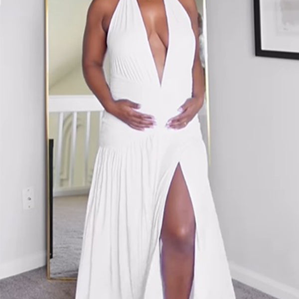 Momnfancy Plunging Neckline Side Slit Maternity Maxi Dresses