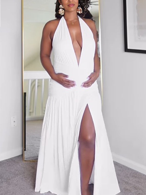 Momnfancy Plunging Neckline Side Slit Maternity Maxi Dresses