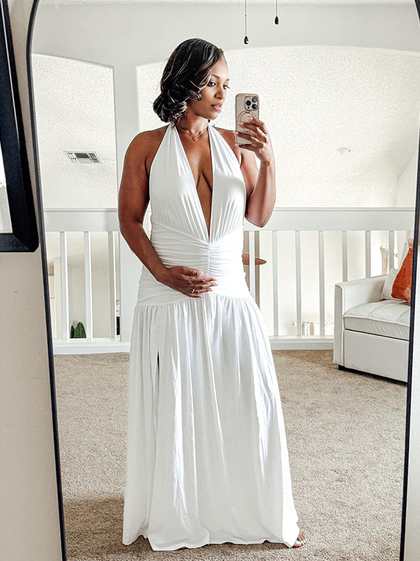 Momnfancy Plunging Neckline Side Slit Maternity Maxi Dresses