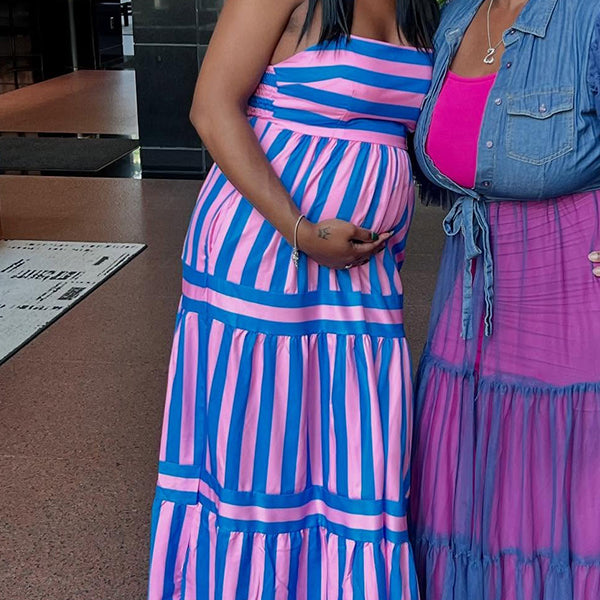 Momnfancy Spaghetti Strap Print Maternity Maxi Dresses