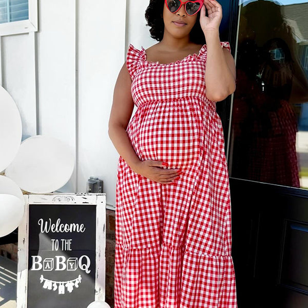 Momnfancy Flannel Flying sleeves Maternity Maxi Dresses