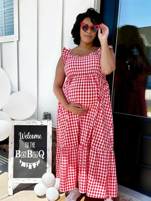 Momnfancy Flannel Flying sleeves Maternity Maxi Dresses