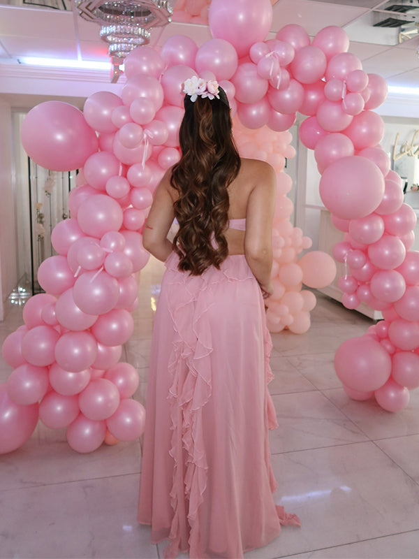 Momnfancy Pink Halter Neck 3D-flowers Ruffle Falbala Party Baby Shower Maternity Maxi Dresses