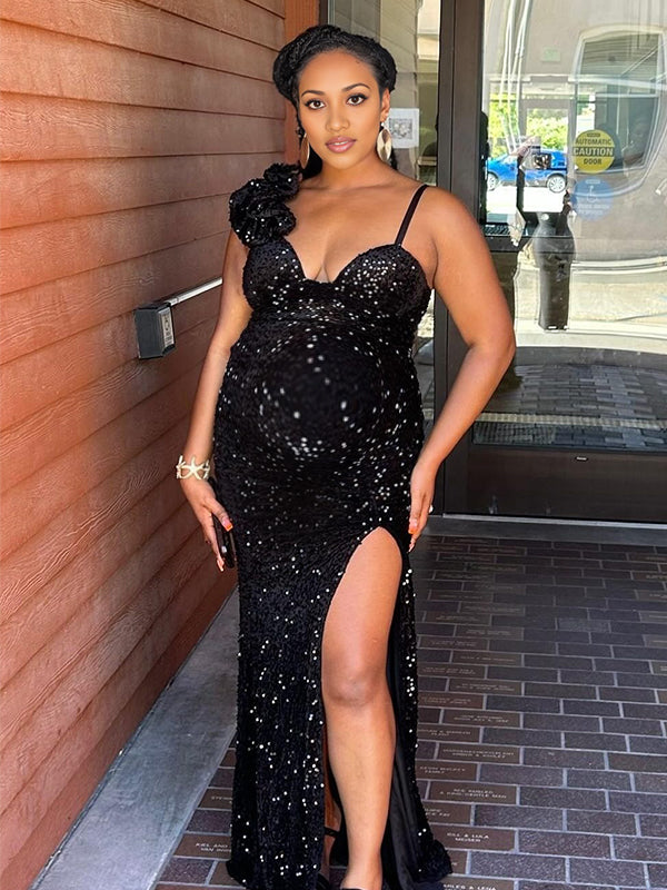 Momnfancy Oblique Shoulder 3D-flowers Side Slit Maternity Maxi Dresses