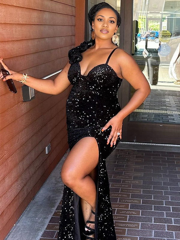 Momnfancy Oblique Shoulder 3D-flowers Side Slit Maternity Maxi Dresses