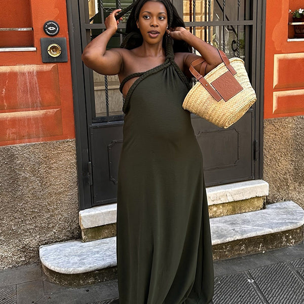 Momnfancy Oblique Shoulder Trailing Maternity Maxi Dresses