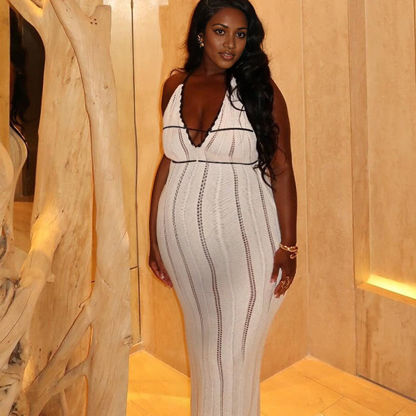 Momnfancy Halter Neck Knitted Backless Maternity Maxi Dresses