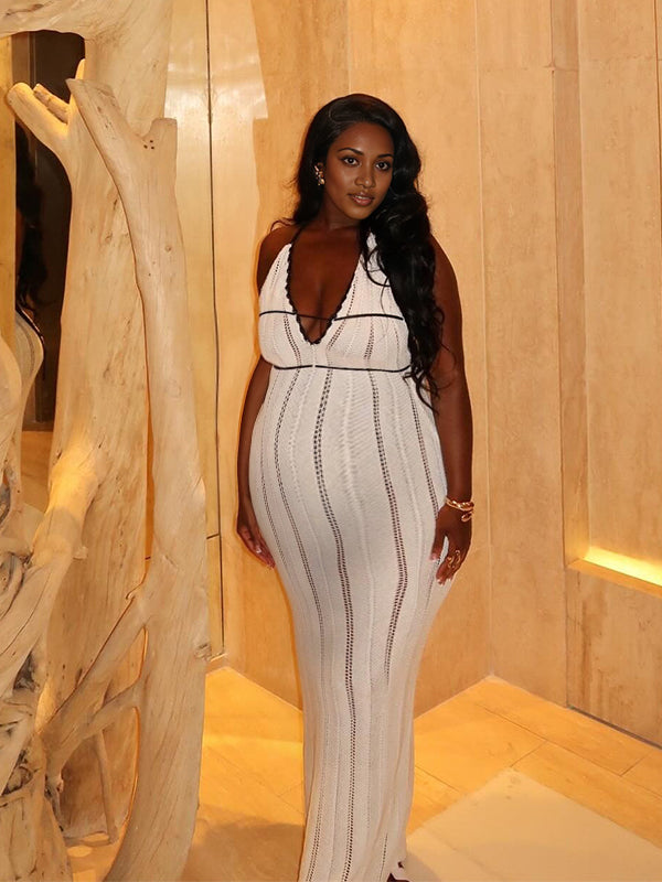 Momnfancy Halter Neck Knitted Backless Maternity Maxi Dresses