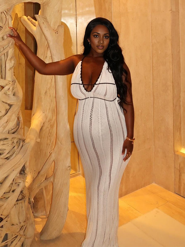 Momnfancy Halter Neck Knitted Backless Maternity Maxi Dresses