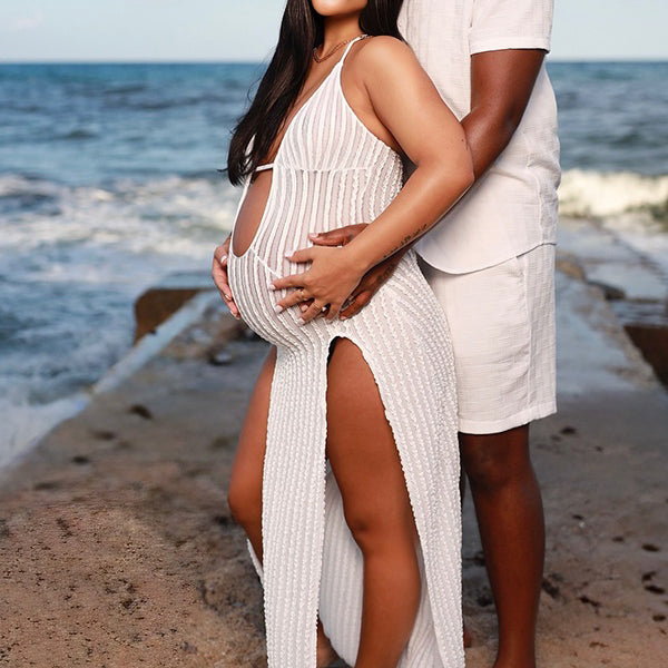 Momnfancy Spaghetti Strap Side Slit Maternity Maxi Dresses