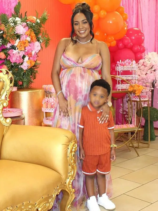 Momnfancy Spaghetti Strap Backless Tie Dye Grenadine Baby Shower Maternity Maxi Dress